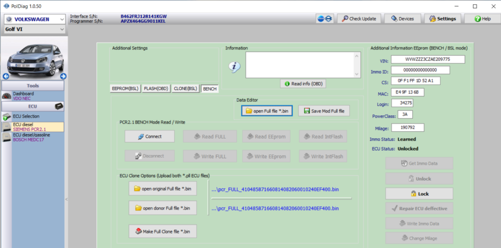 PolDiag PCR2.1 BENCH bench read Continental Simos PCR2.1